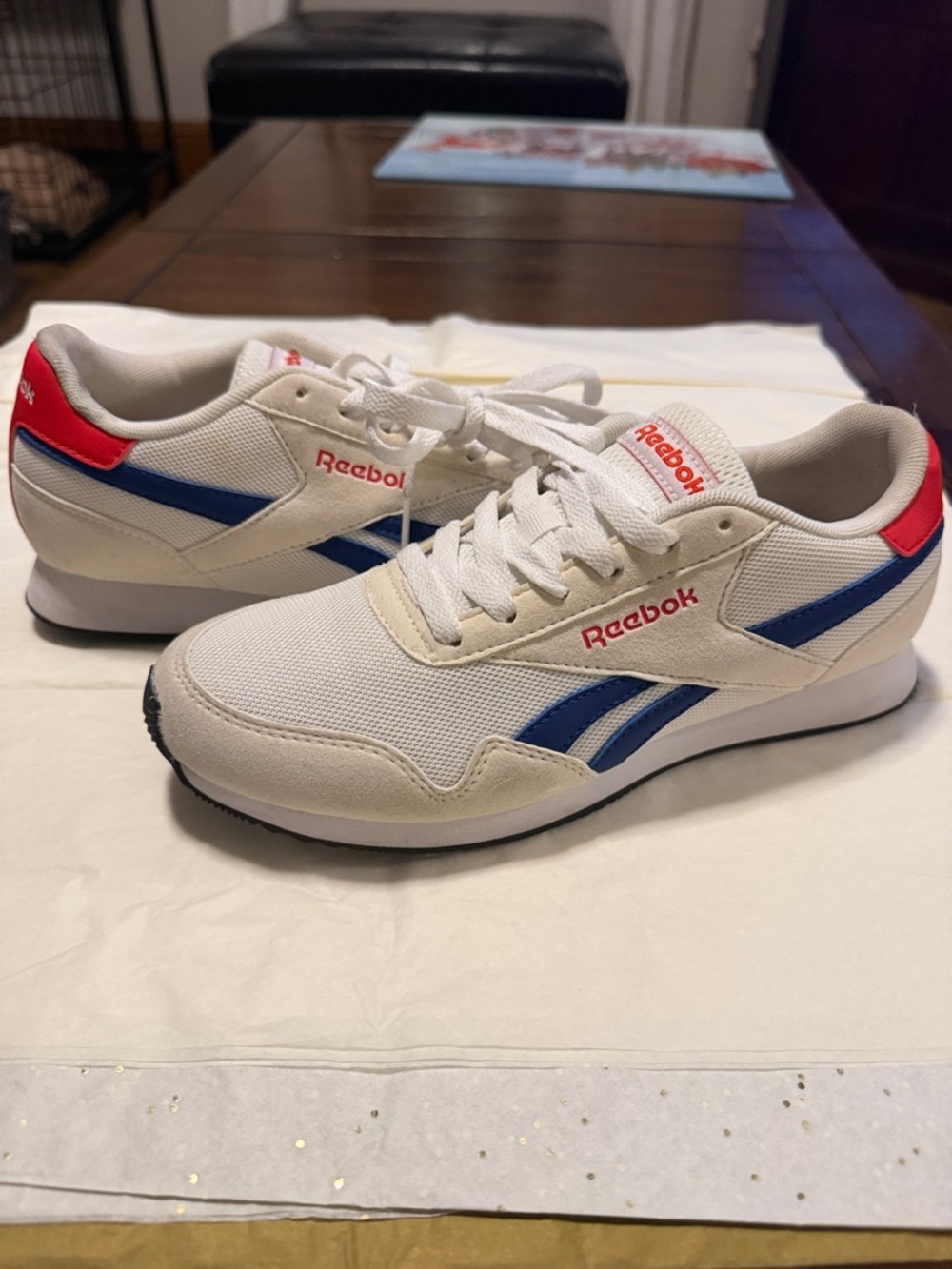 Reebok White Athletic Shoes with Blue Stripes and Red Accents - Picture 5 of 5